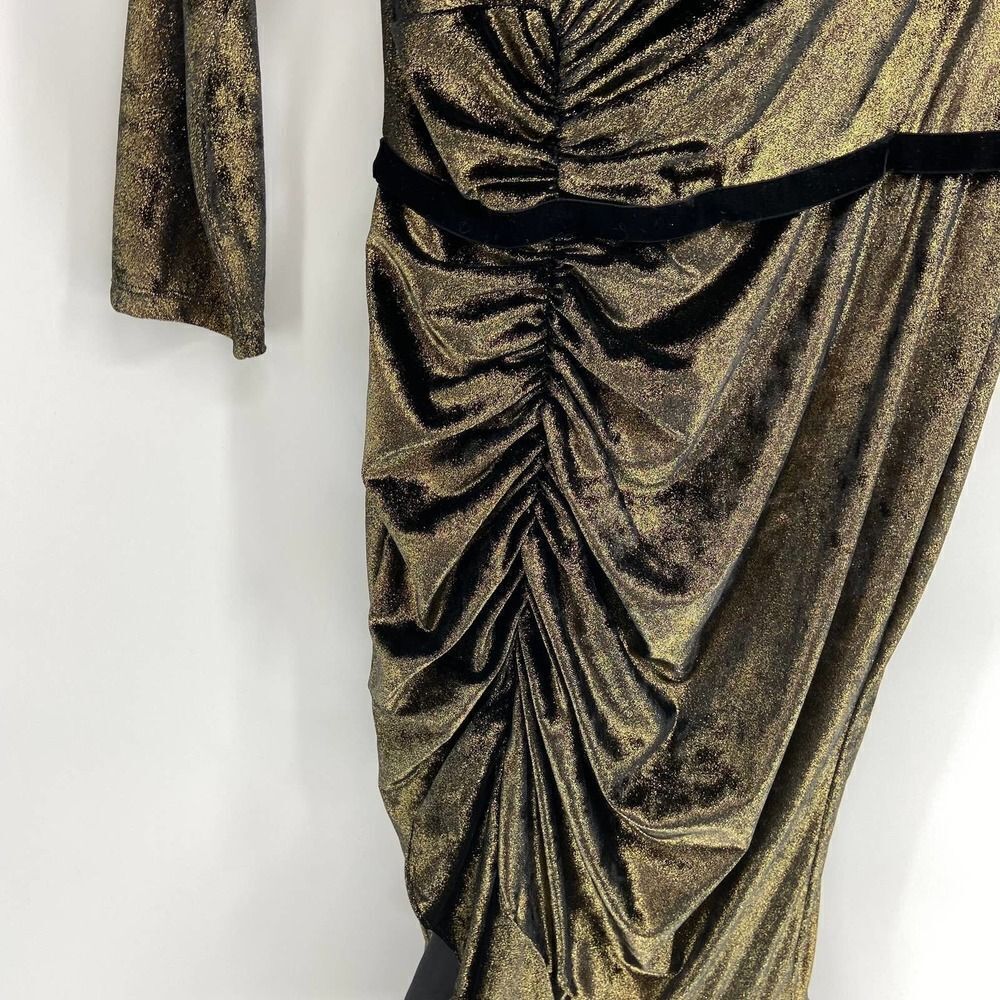 Marchesa Notte Metallic Foiled Gold Black Velvet Ruched Midi Dress Womens 2 NWT - Picture 3 of 8